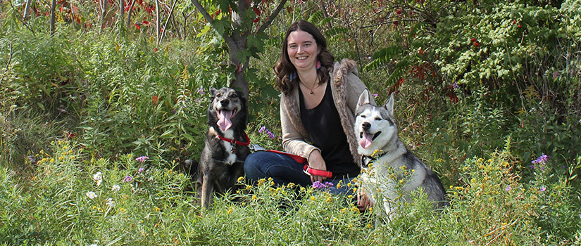 Tracy Wood, kneeling under a tree with two well-behaved, well-exercised dogs after a canine care session in Sarnia, Ontario.